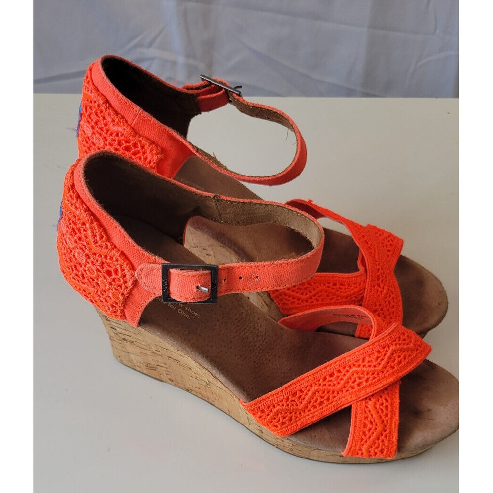 TOMS Women's Espadrille Sandals Dark Coral Size 9.5 Cork Wedge Heels Cross Strap